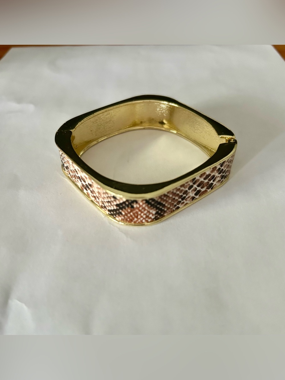 Brown & White Snakeskin Faux Leather inlay Shiny Gold tone square hinge bracelet